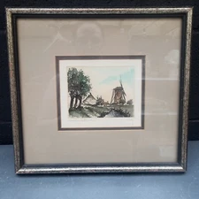 Vintage, Hand Signed by Artist Ernst Linck, Original Colored Etching WINDMILL 