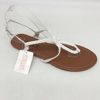 Sandalup Womens Open Toe White Braided Adjustable Strap Flat Thong Sandal Size 8