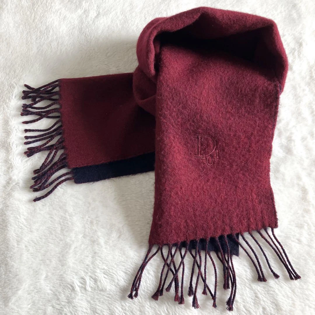 Authentique foulard Christian Dior rouge marine logo broderie 132 x 30 cm laine cachemire
