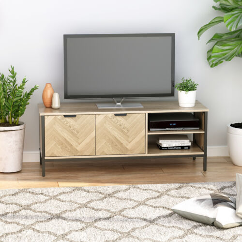 Support d'armoire TV double porte naturelle avec étagères de rangement réglables unité de maison - Photo 1/11