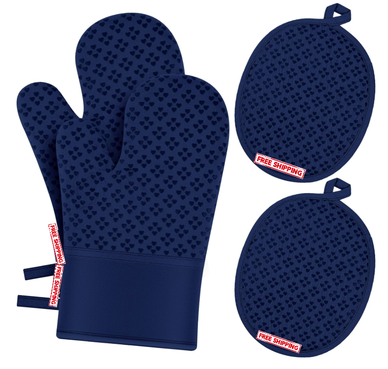 Heat Resistant Silicone Oven Mitts & Pot Holders Set in Marine Blue