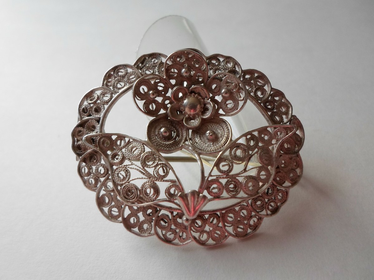 Broche Ancienne Argent Massif Filigrane émaillé - Diamètre 33 Mm - Occasion
