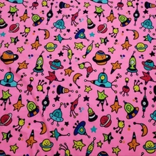 Colorful Space Doodles Over a Bright Pink Nylon Spandex Swimwear Fabric