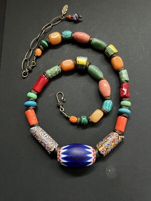 Chevron & vintage Millefiori Venetian beads w/ Coral Gemstones Bohemian necklace