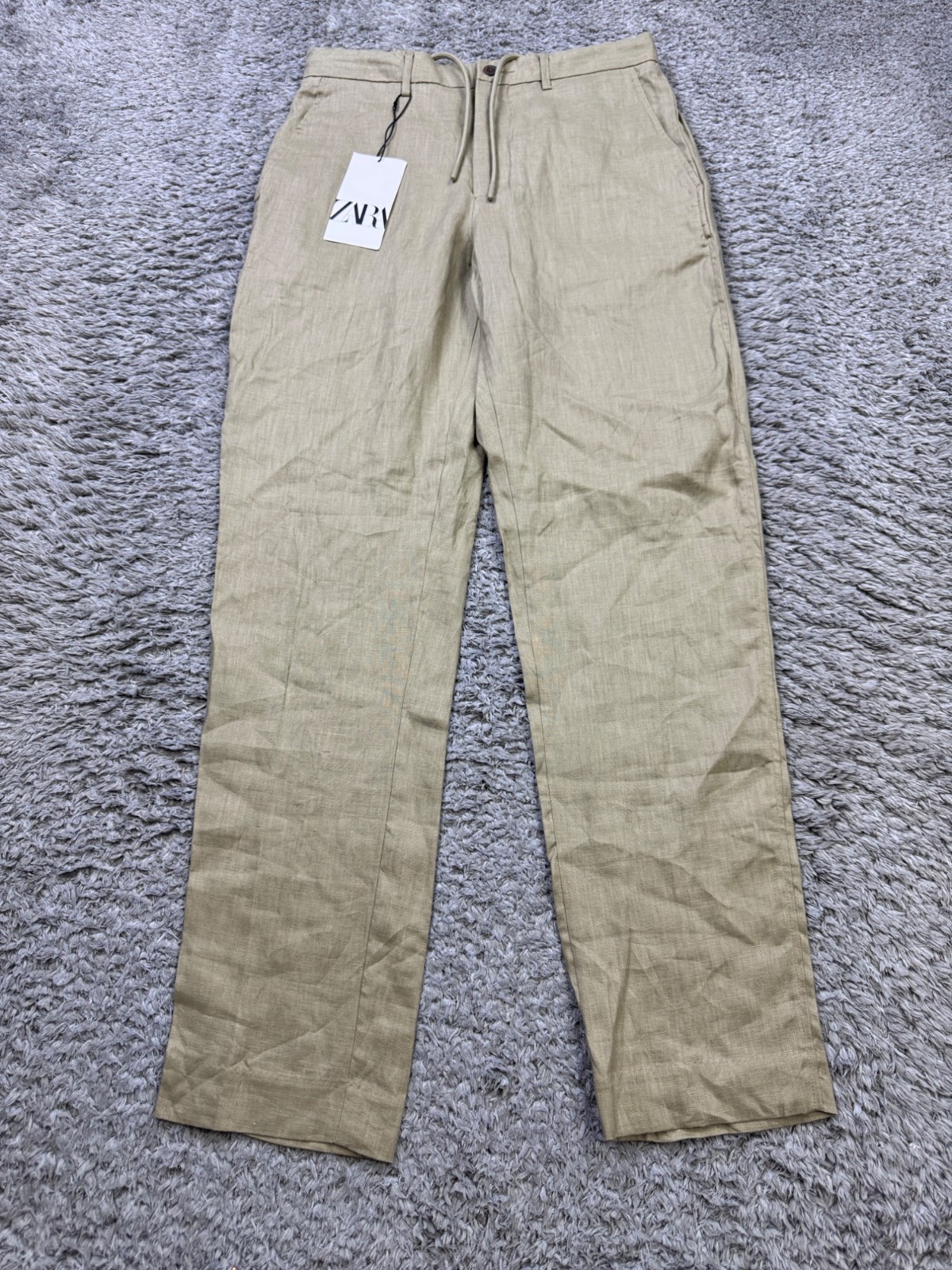 Zara Pants Women Small Beige Linen Surplus Drawstring High Rise Beachy Chino NWT