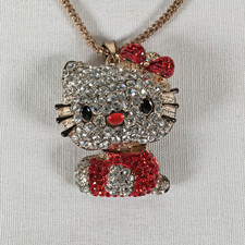 Hello Kitty Rhinestone Pendant Necklace 15" Rope Chain Bobble Head