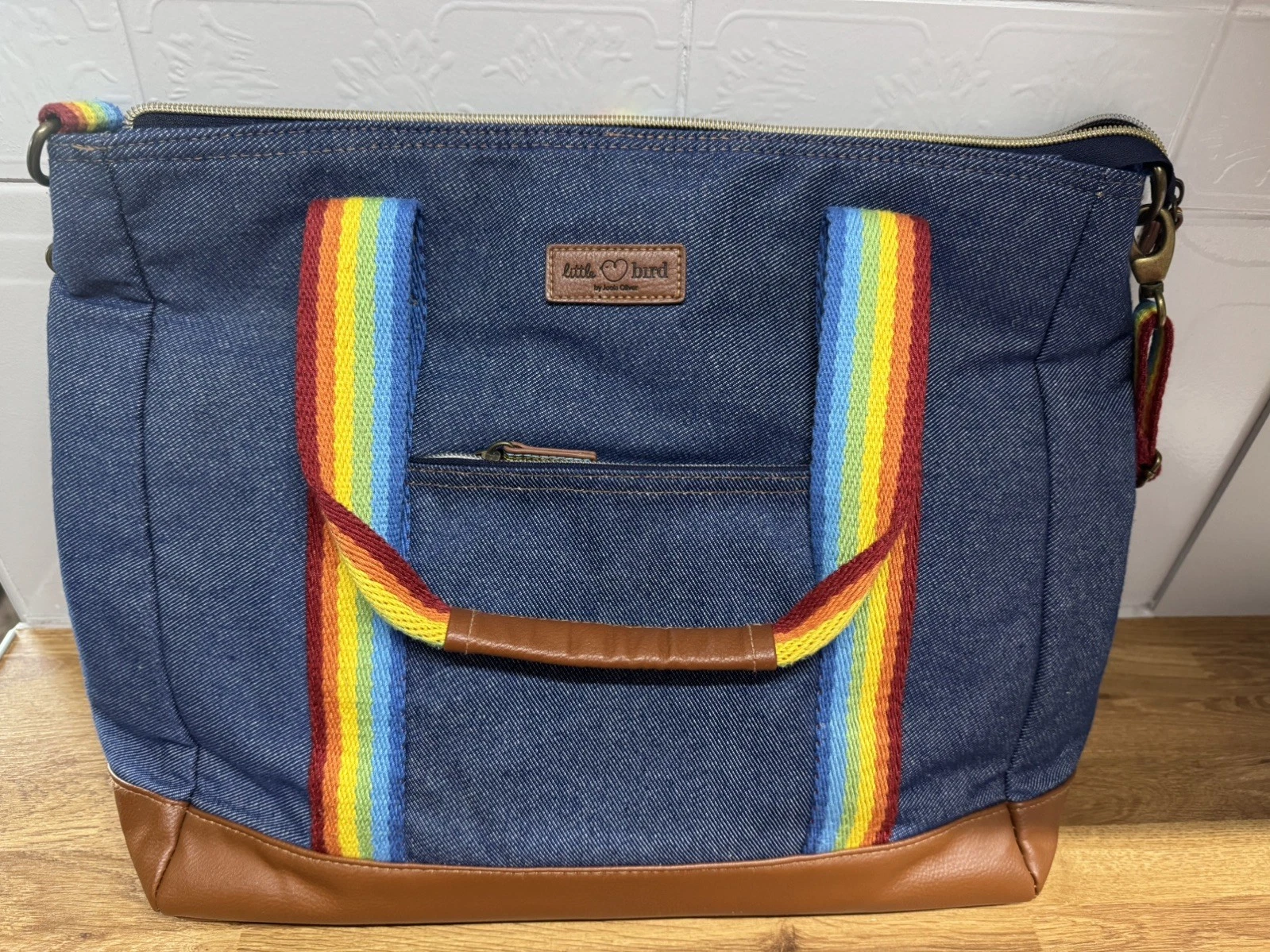 Little Bird by Jools Oliver Blue Denim Rainbow Changing Bag inc Mat Cool Bag