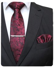 Burgundy Paisley Tie Wedding Business Silk Necktie and Pocket Square Hankerch