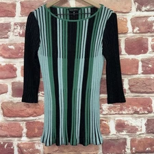 Ming Wang Sweater Top Womens XS Black Green Metallic Ribbed Striped Knit