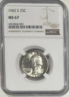1942-S Washington Silver Quarter NGC Certified MS-67 Superb Gem
