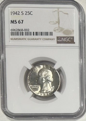1942-S Washington Silver Quarter NGC Certified MS-67 Superb Gem