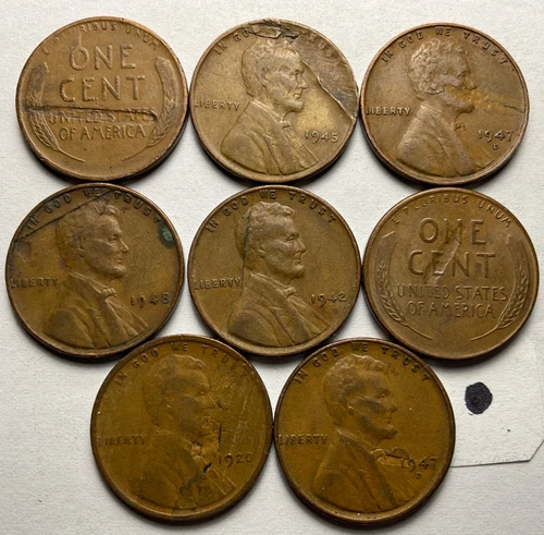 Lot of 8 1920-1951-S Lincoln Wheat Cent Laminated Planchet Mint Error Coins