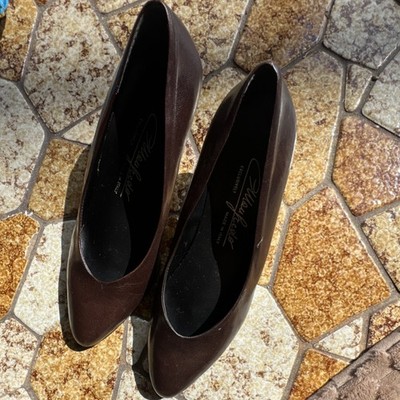 Mou Jacolo Brown Leather Pointed Toe Cone Heel Pumps Women's Slip On Solid