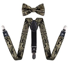 Boys Paisley Adjustable Pre-tied Bow Tie and Clips Suspenders Set 4-black Gold