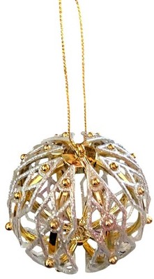 Gold & Silver Glittered Ornament Ball With Diamond Cut Pattern & Gold Beaded Acc