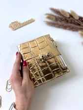 Gold leather notebook cover A7 6 rings mini wallet, Mini Planner Binder.
