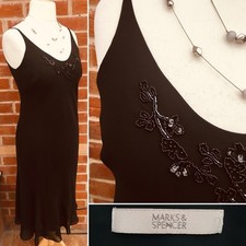 M&S Size 14 Black Beaded Dress Evening Wedding Spring Party Excellent S1