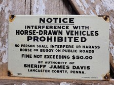 VINTAGE AMISH PORCELAIN SIGN RARE OLD 1939 LANCASTER PA SHERIFF HORSE CARRIAGE
