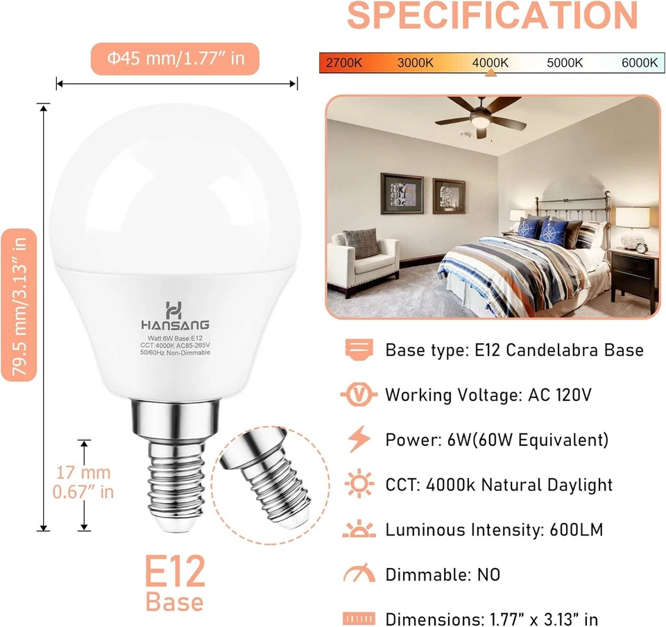 Ceiling Fan Light Bulb E12 LED 6 Count (Pack of 1), Natrual Daylight 4000k  - Image 4 of 4