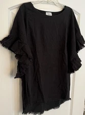 Mint Julep Boutique Shop Black Frayed Short Sleeve Cotton Linen Top Shirt Small