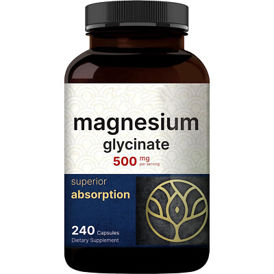 240 Count Magnesium Glycinate Capsules 500mg , 100% Chelated & Purified DE