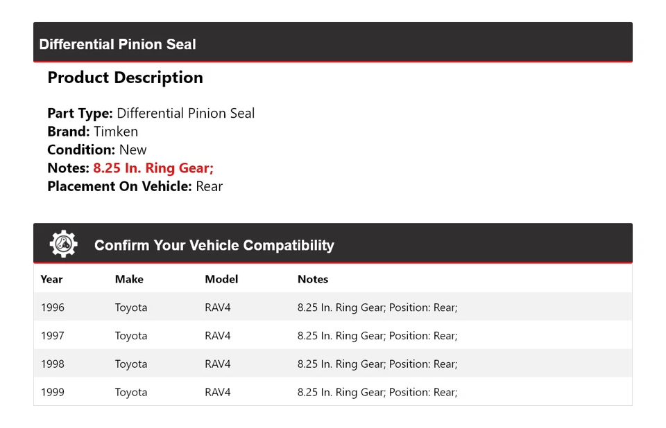 For 1996-1999 Toyota RAV4 Differential Pinion Seal Rear Timken 1997 1998 - Image 2 of 4
