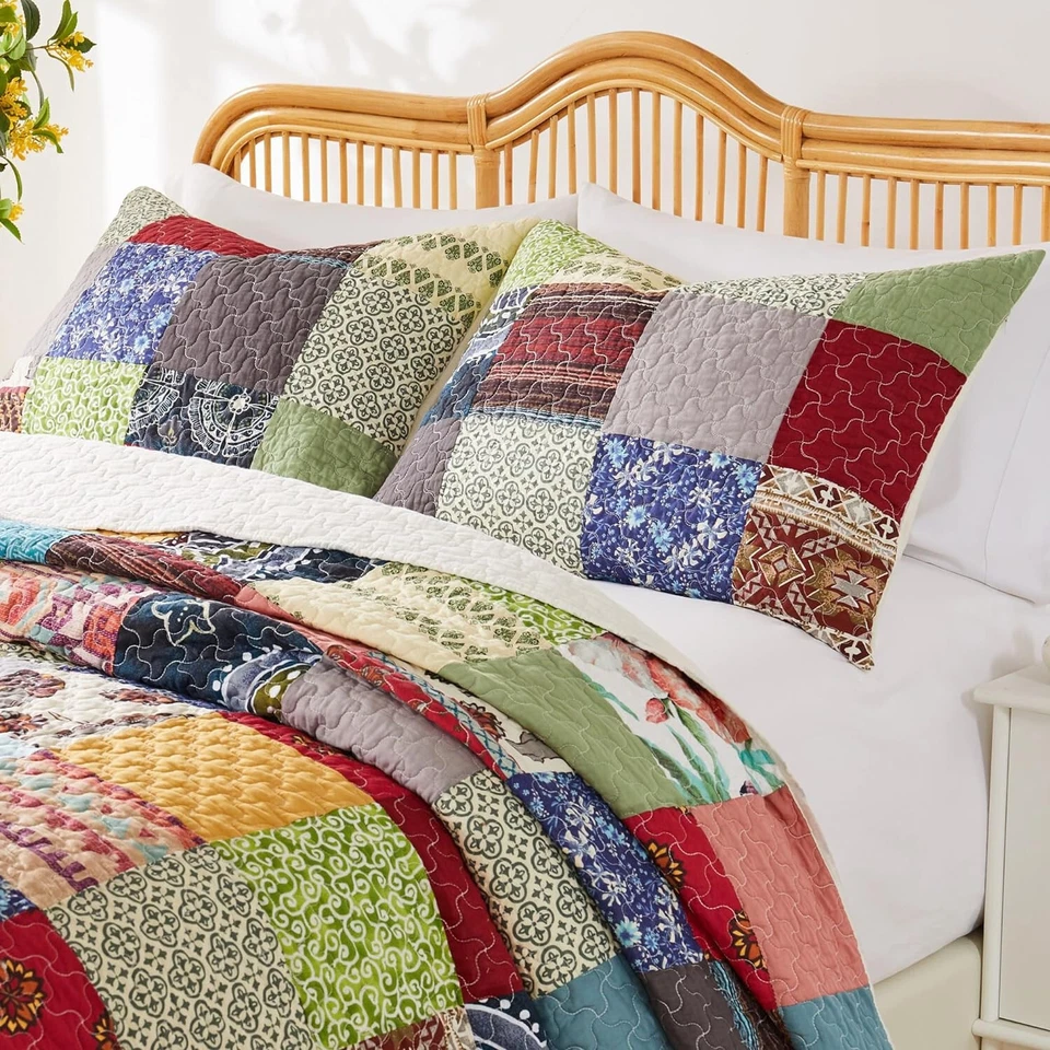 BOHO FARMHOUSE 3p Queen QUILT SET : RENEE COTTON PATCHWORK RED BLUE COUNTRY - Image 3 of 4