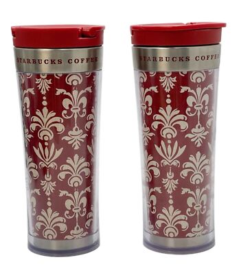 Starbucks Red Damask Fleur de lis Insulated Travel Tumbler Cup Mug 12 oz |  eBay
