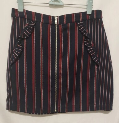 BCBGeneration Mini Skirt Sz 4 Navy Red Striped Ruffle Pockets Zip Up