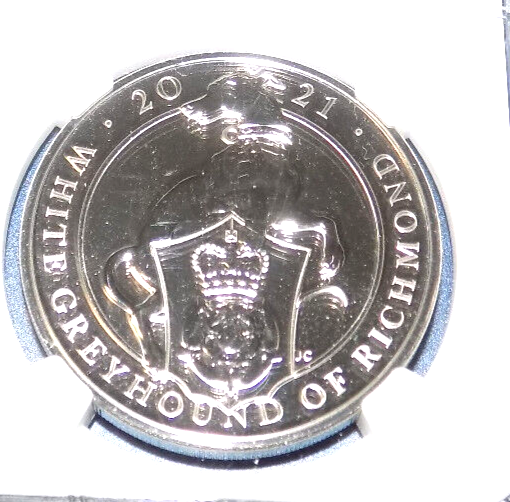NGC 2021 GREAT BRITAIN 5PD QUEEN'S BEASTS WHITE GREYHOUND MS69DPL