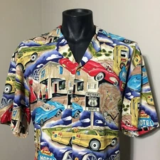 Paradise Found Route 66 Corvette Hawaiian vtg Aloha Shirt Usa Made Rayon L/Large