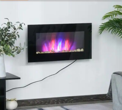 HOMCOM28.5 in. 1500-Watt Electric Wall-Mounted Fireplace with Flame Effect, 7