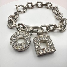 Vintage 90s SilverTone Geometric Charm Bracelet Clear Glass Boho Fashion Jewelry