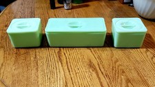 RARE 3 Piece Jeanette Jadeite Green Glass Refrigerator Dish Set with Lids Vtg