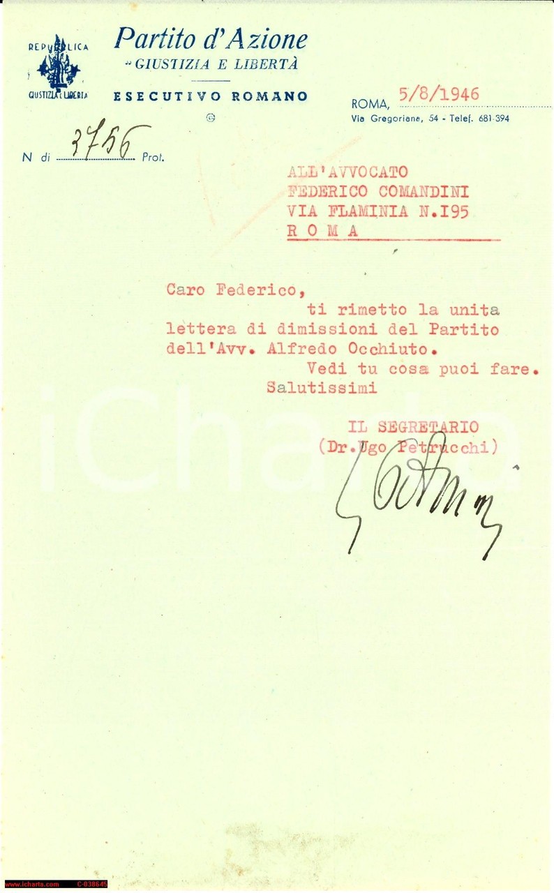 1946 PARTITO D'AZIONE Dimissioni Alfredo OCCHIUTO Autografo UGO PETRUCCHI
