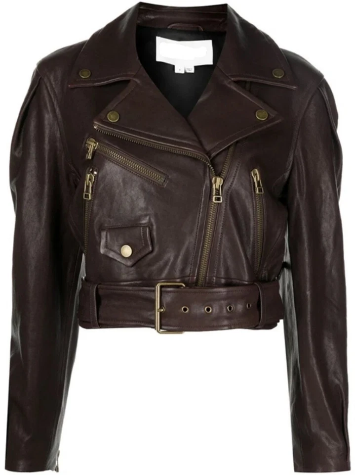 Women's Cropped Belted-waist Sheepskin Leather Jacket In Brown - Image 3 of 4