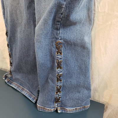 Denim & Co Size S Jeans Flare Slit Leather Lace Up Boho Hippy Stretch Elastic