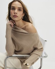 River Island Womens Jumper Brown Ribbed Off The Shoulder Pullover Sweater Top