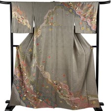 JAPANESE KIMONO HOMONGI ASH BROWN 163cm 5 ft 4 in PURE SILK B0106