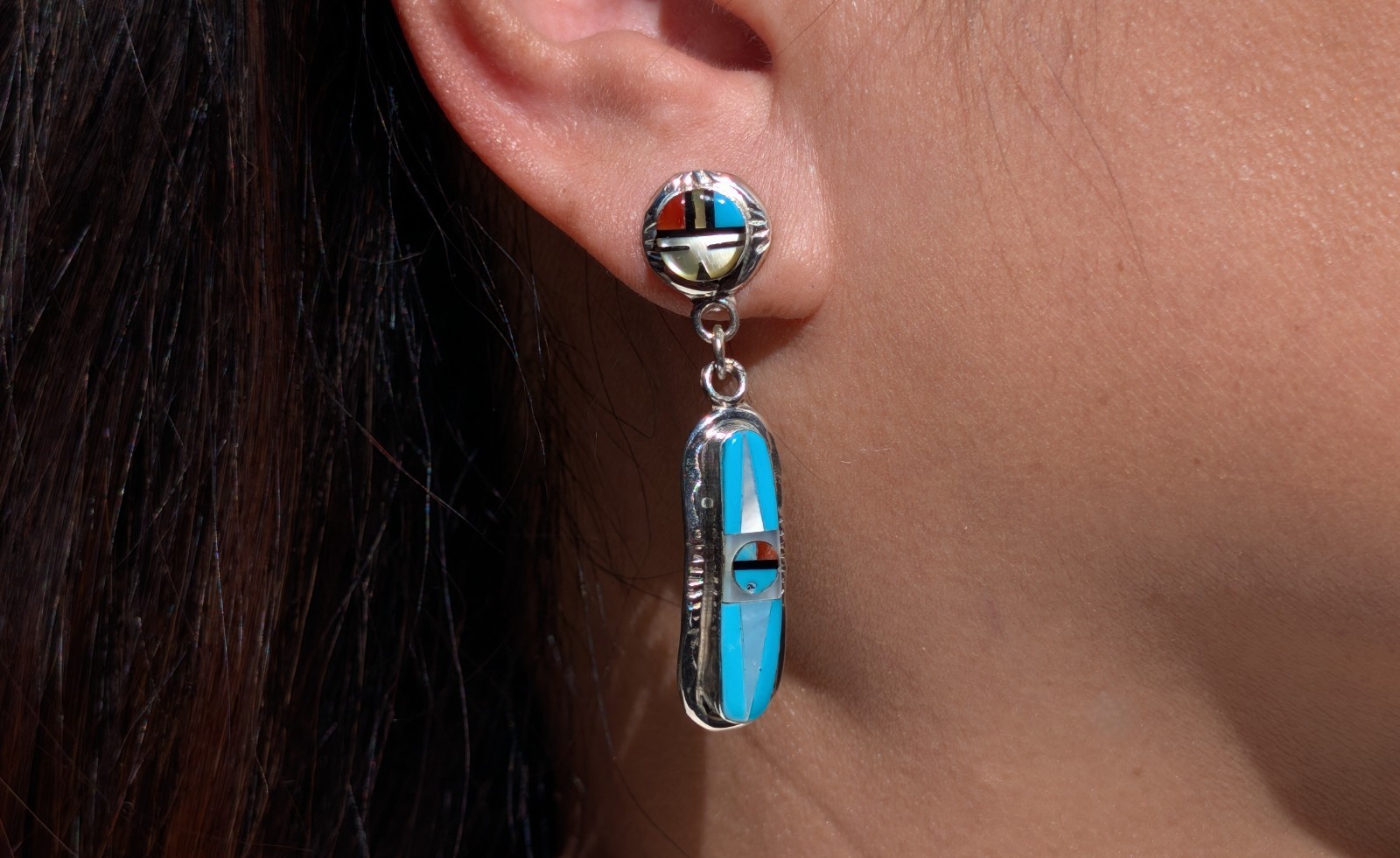 Zuni Sunface Inlay Earrings Sterling Silver Signed Raylan Patty Edaakie Jewelry