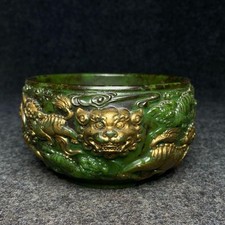 5" Rare Old Chinese Natural Green Jade Carved Dynasty Dragon Beast Pot Jar Crock