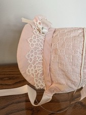 Vintage 1950s Pink Embroidered  Lace Brim Bow Infant Toddler Easter Bonnet Hat