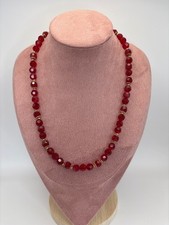 Vintage Red Faceted Glass Beaded Gold Colored Assents Toggle Clasp 19" Necklace
