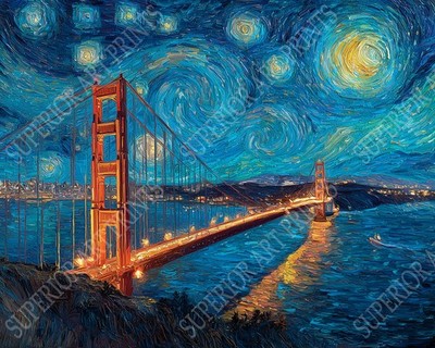 Golden Gate Bridge Starry Night Sky Painting Print - 3 Sizes, Van Gogh Art Style