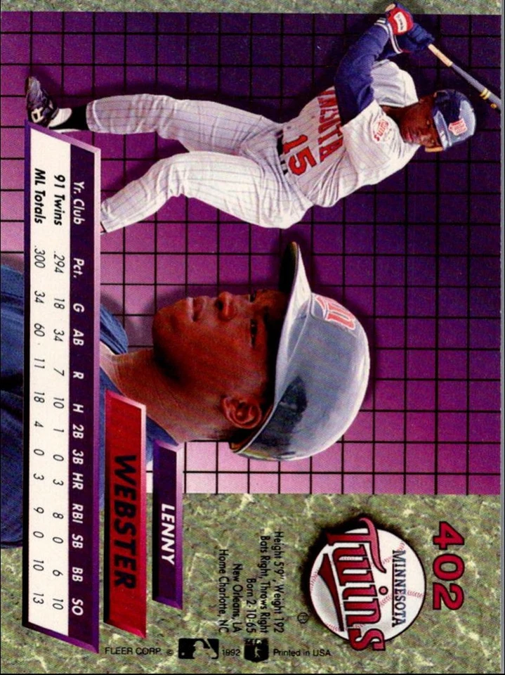 1992 Ultra Lenny Webster Minnesota Twins #402 - Image 2 of 2
