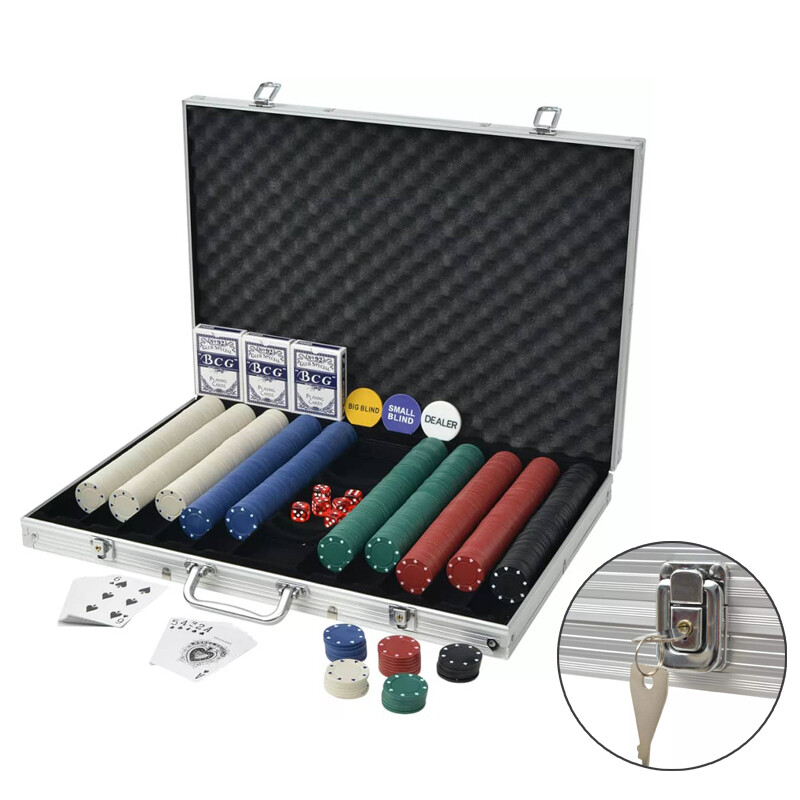 Poker Set Casino Case Cards Dice with 500/1000 Chips Aluminium Texas