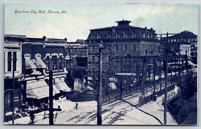 Aurora Illinois~Main Street East @ City Hall in Winter~Bridge~c1910 Postcard