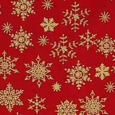 Snowflakes Christmas Cotton Fabric Red Gold Metallic OVER 3/4 YARD