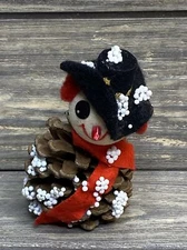 Vintage Christmas Decoration Homemade Pinecone Snowman Black Hat White Bead 3.5”