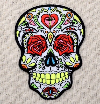 White Sugar Skull/Rose Eyes/Day of the Dead - Iron on Patch